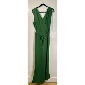 Ann Taylor Sleeveless Jumpsuit 18 Tall Green V Neck Wide Leg Belted